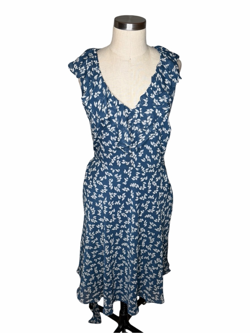 LAUREN Ralph Lauren Navy Blue Floral Ruffle Midi Dress Women's Size 6 Flutter - Picture 2 of 8